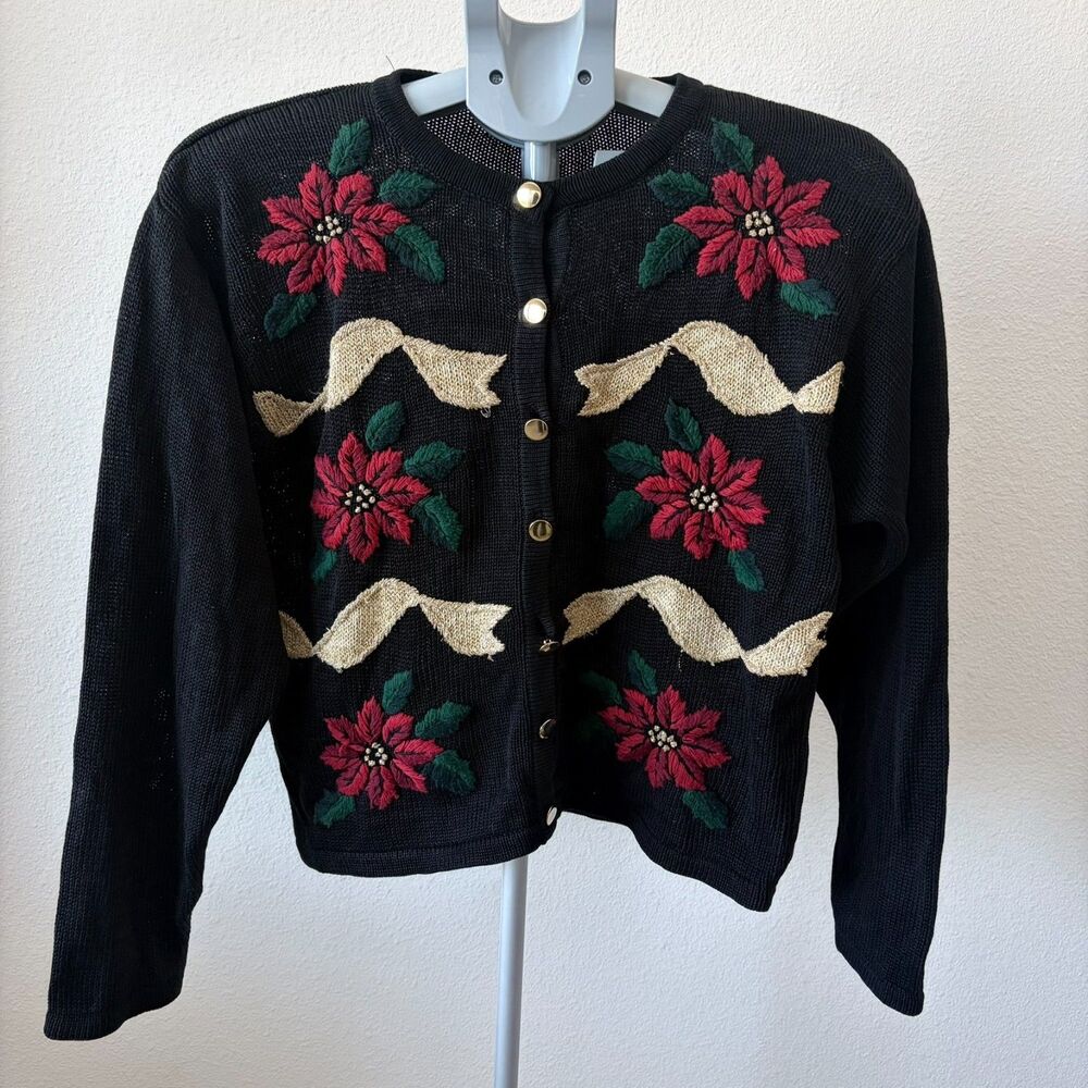 Vtg Dress Barn Christmas Cardigan‎ Embroidered Flowers Holiday Medium Black FLAW